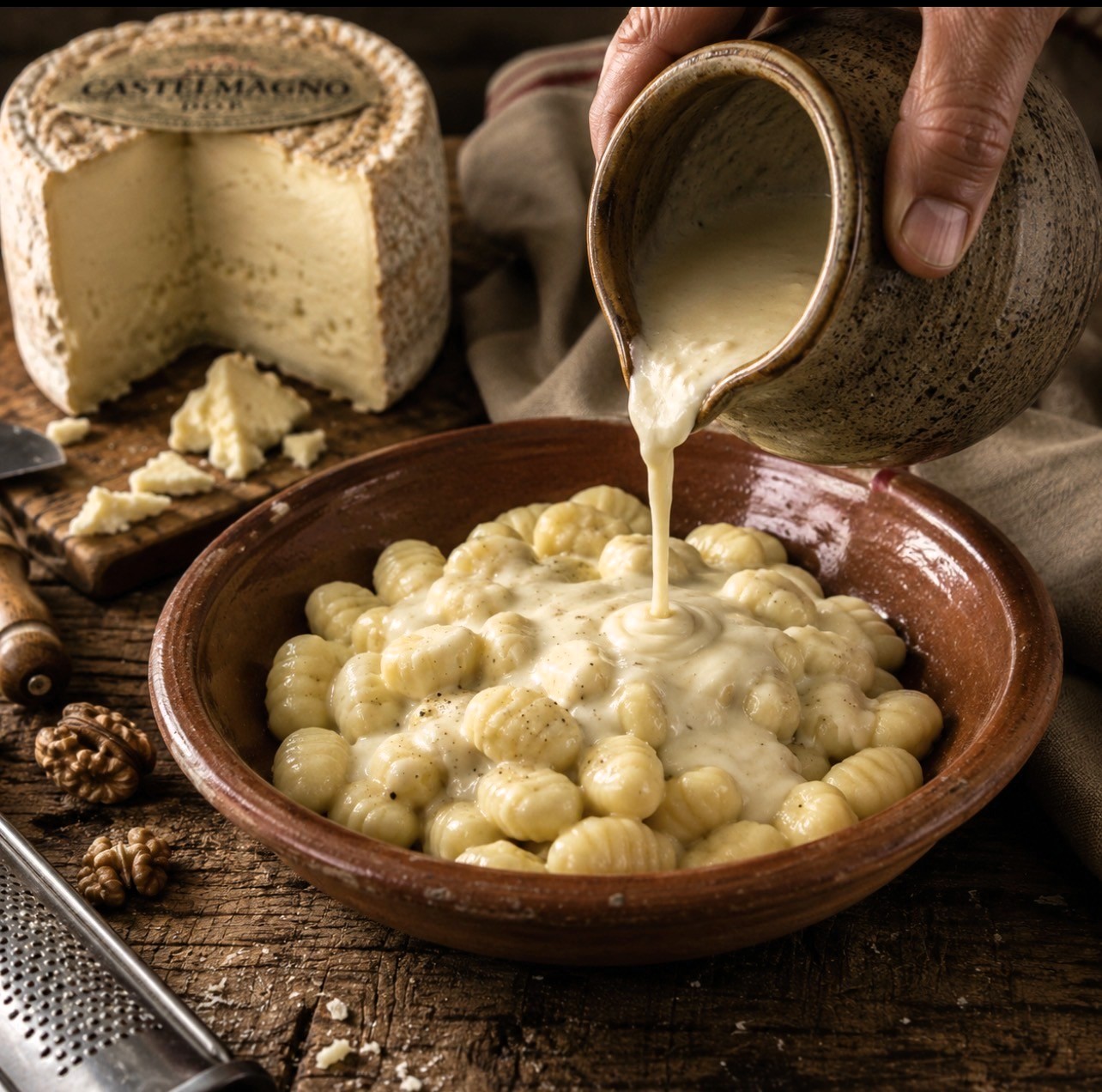 Un fumante piatto di gnocchi tradizionali di patate conditi con la ricca crema al Castelmagno DOP, il piatto simbolo della cucina della Valle Grana.